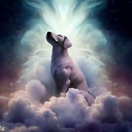 Create an ethereal portrait of a dog sitting on a celestial throne made of clouds.. Image 1 of 4