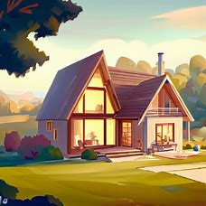 Illustrate a cozy, modern home in a idyllic countryside setting.