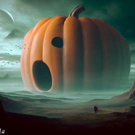 Create a surreal landscape with a giant pumpkin as the centerpiece.. Image 4 of 4