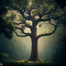 Create an image of a majestic oak tree standing tall in the midst of a dense forest.