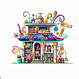 Create an image of a unique and creative craft store with a whimsical design.. Image 1 of 4