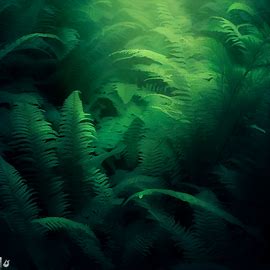 Create an image of vibrant green ferns growing in a dense forest. Image 3 of 4