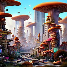 Depict a futuristic city made entirely of mushrooms and other fungi, with tall skyscrapers and bustling traffic.. Image 4 of 4