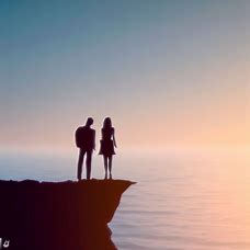 Create a picture of two people in love, standing on a cliff overlooking the ocean.