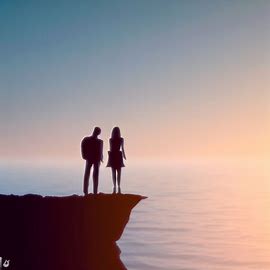 Create a picture of two people in love, standing on a cliff overlooking the ocean.. Image 1 of 4