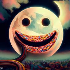 Generate a surreal image of the moon with a whimsical twist, like a giant smiley face or a crescent moon made of candy.