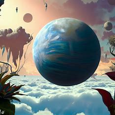 Create a surreal landscape featuring an earth floating in a sea of clouds surrounded by a strange flora and fauna