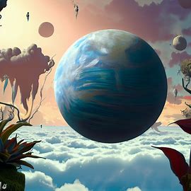 Create a surreal landscape featuring an earth floating in a sea of clouds surrounded by a strange flora and fauna. Image 1 of 4