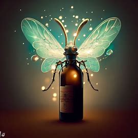 Visualize a wine bottle transformed into a magical beetle, with the label as its wings and the cork as its body.. Image 4 of 4