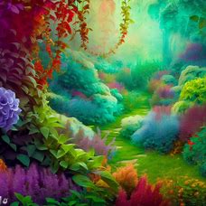 Create an image of a whimsical garden filled with vibrant basil plants