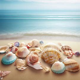 Create an ocean scene with a variety of beautifully decorated shells scattered across the sandy beach.. Image 4 of 4