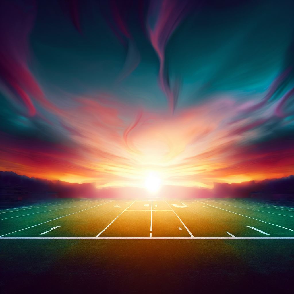 Create an artistic representation of a football field with a stunning sunset in the background.