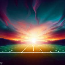 Create an artistic representation of a football field with a stunning sunset in the background.