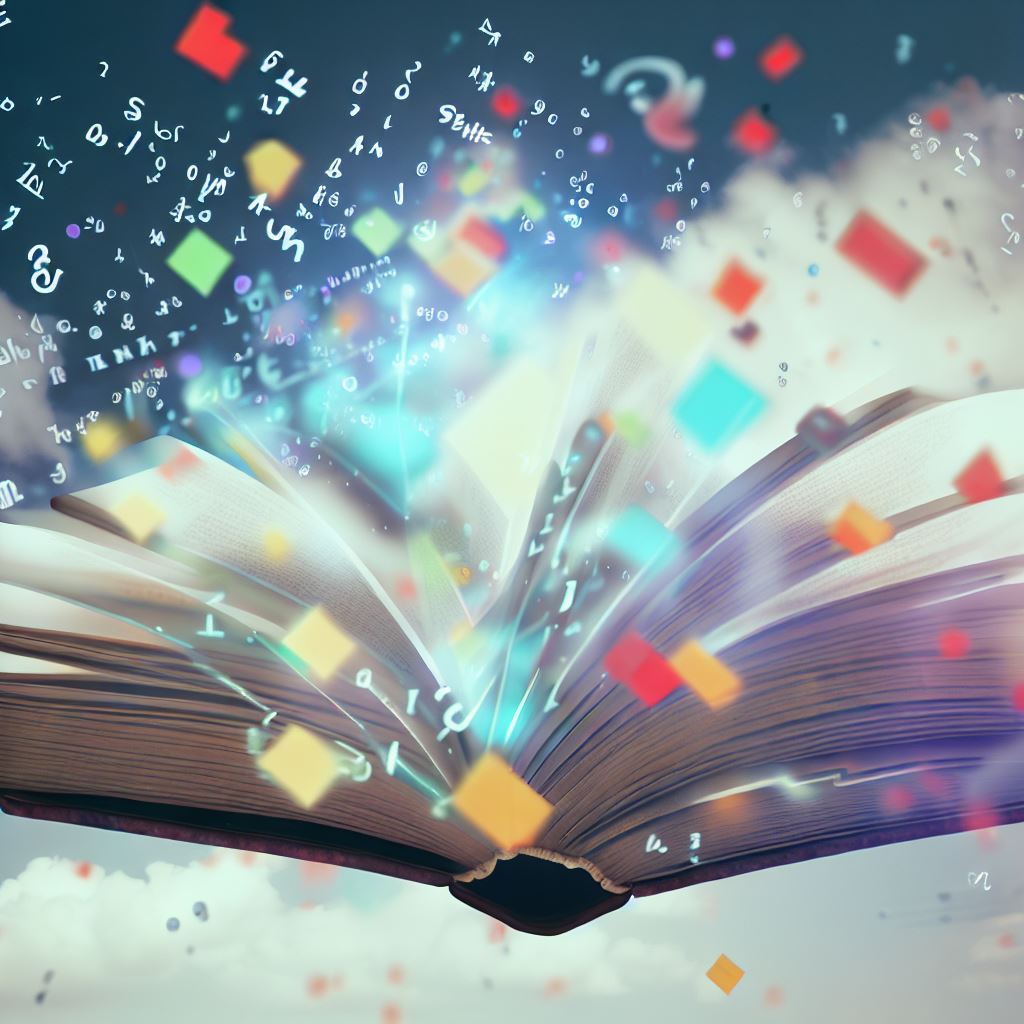 Create an image of a book filled with mathematical formulas and shapes floating in the sky.