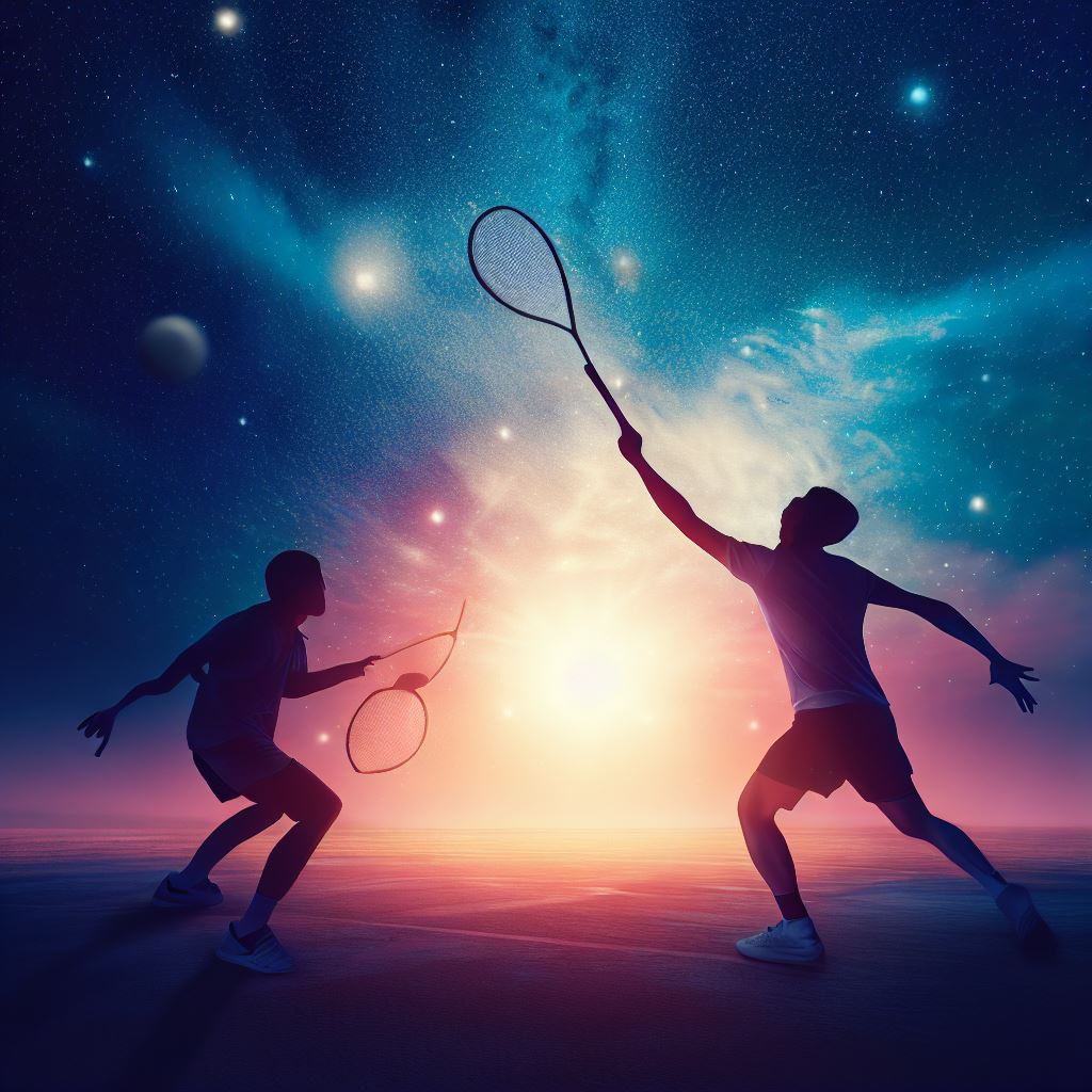 Create an image of two badminton players competing in a game under the stars.。第 2 个图像，共 4 个图像