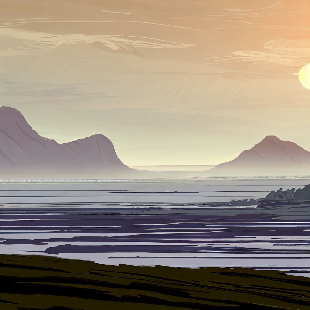 Draw a peaceful and serene landscape with sun setting behind distant mountains.