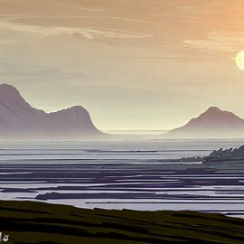 Draw a peaceful and serene landscape with sun setting behind distant mountains.. Image 1 of 4