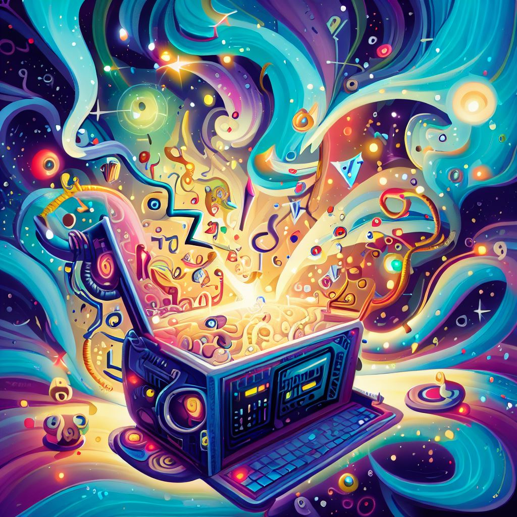 Create a whimsical and colorful illustration of a futuristic computer filled with magic and wonder.