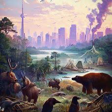 Depict an alternative history of Toronto, where it was never colonized and remains a wild, untamed wilderness teeming with wildlife and indigenous cultures.