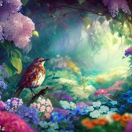 An enchanting garden with a beautiful thrush sitting among the flowers. Image 2 of 4