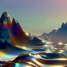 Imagine a surreal landscape where the mountains are made out of shimmering diamonds, reflecting light and casting rainbows in all directions.