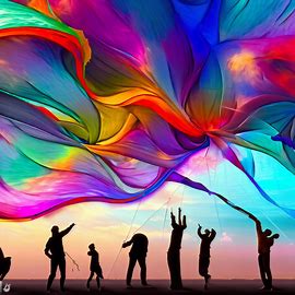 Create an image of a group of people playing with and controlling giant yarn-made kites in the sky, each kite in a different vibrant color.. Image 3 of 4