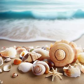 Create an ocean scene with a variety of beautifully decorated shells scattered across the sandy beach.. Image 2 of 4
