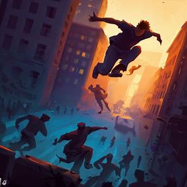 Depict a daring, parkour-style race through a bustling downtown, with athletes performing death-defying stunts and tricks.。第 3 个图像，共 4 个图像