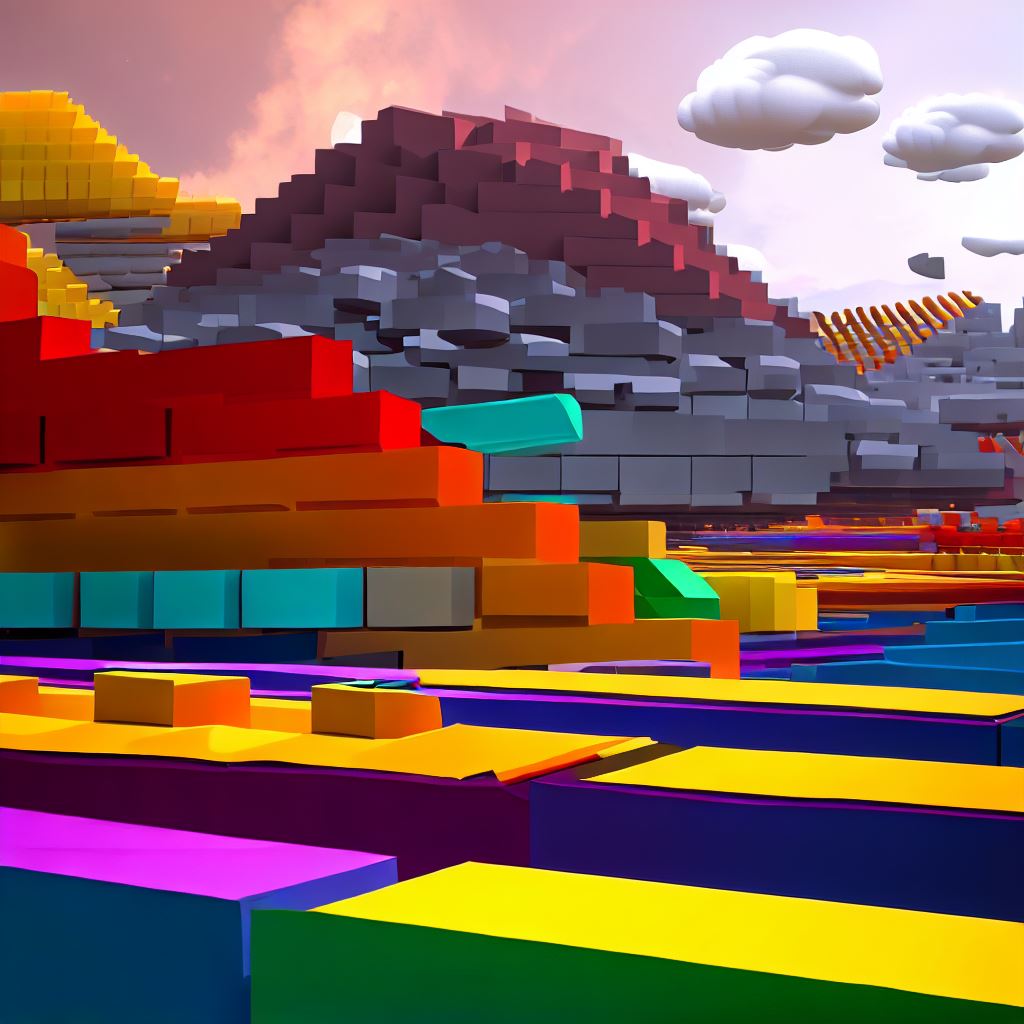 Create a surreal landscape made of colorful blocks.