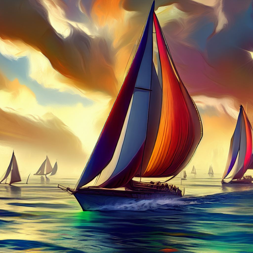 Imagine a majestic yachting competition on the open sea, with wind-powered vessels and vibrant sails.。第 2 个图像，共 4 个图像