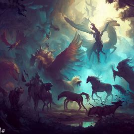 Depict a mystical world with a wide array of mythical animals like dragons, griffins, and centaurs, interacting with one another and their surroundings.. Image 4 of 4
