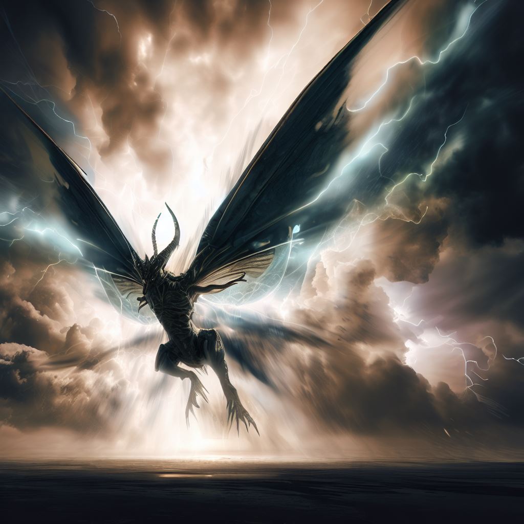 Create an image of a giant fly with dragon-like wings in the middle of a powerful storm.