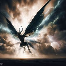 Create an image of a giant fly with dragon-like wings in the middle of a powerful storm.