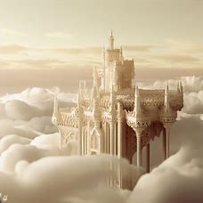 Create a dreamy and intricate ivory castle floating above the clouds