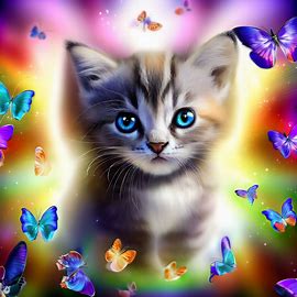 Create an image of a kitten surrounded by a rainbow of butterflies. Image 4 of 4