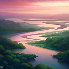 Draw an ethereal and enchanting estuary surrounded by lush green forests and pink sunsets