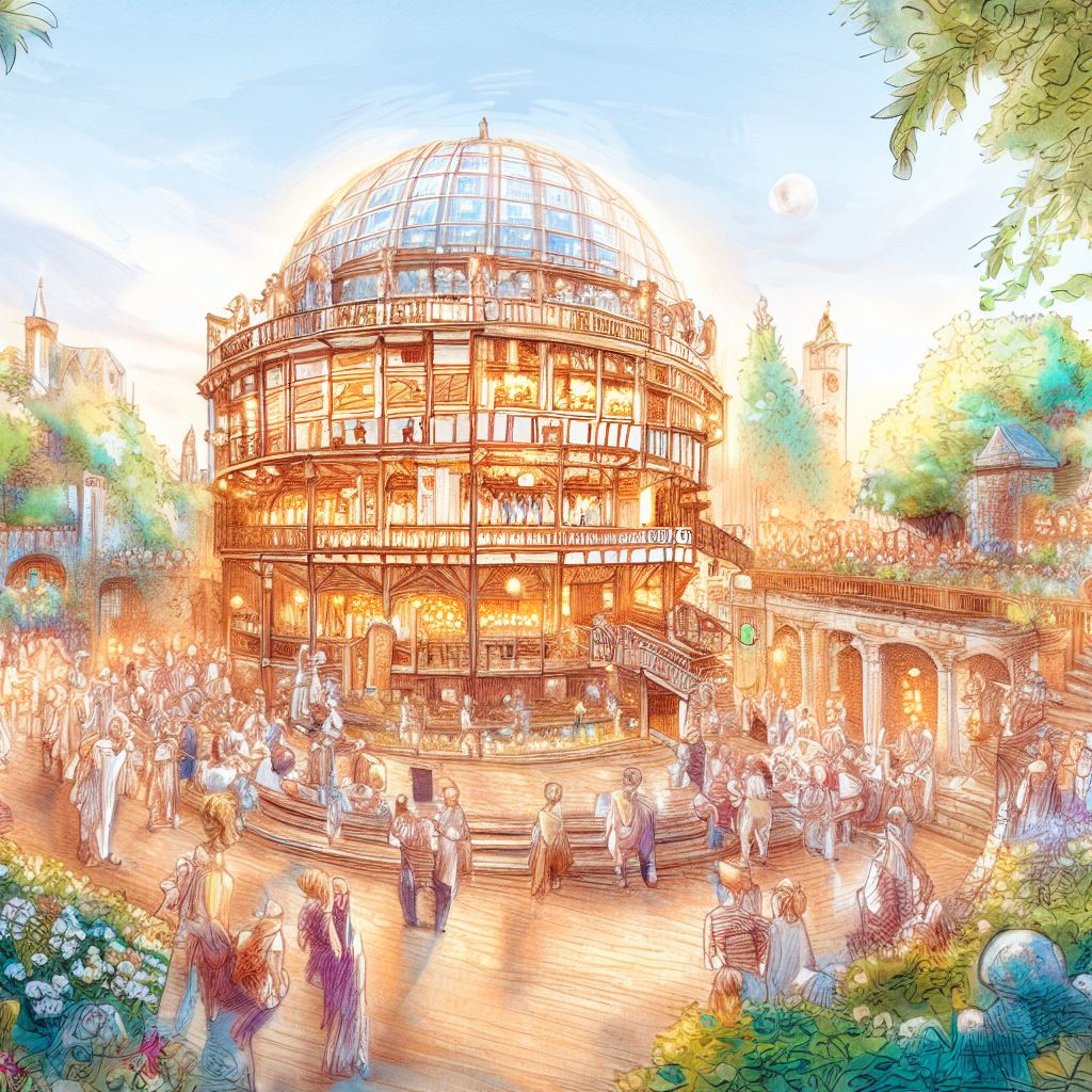 Draw a mesmerizing vision of the Globe Theatre, with intricate details and a captivating atmosphere, surrounded by lush green gardens and bustling crowds of excited theater-goers.