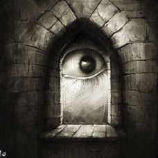Draw an image of a eye looking out of a castle window.