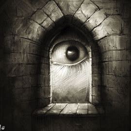 Draw an image of a eye looking out of a castle window.. Image 1 of 4