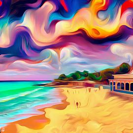 Illustrate a surreal version of the famous Cottesloe Beach in Perth.. Image 1 of 4