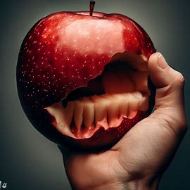 Picture a hand holding an oversized apple with a bite taken out of it. Image 1 of 4