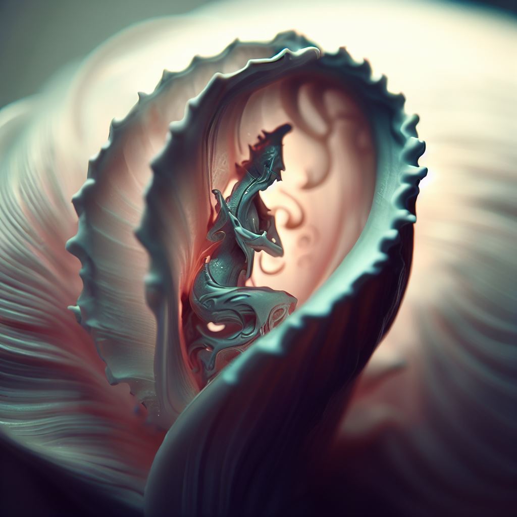 Incorporate a fantastical twist on a traditional seashell, with smooth curves and an intricate, intricate figurine appearing out of its opened center" intact-formed in its essence.