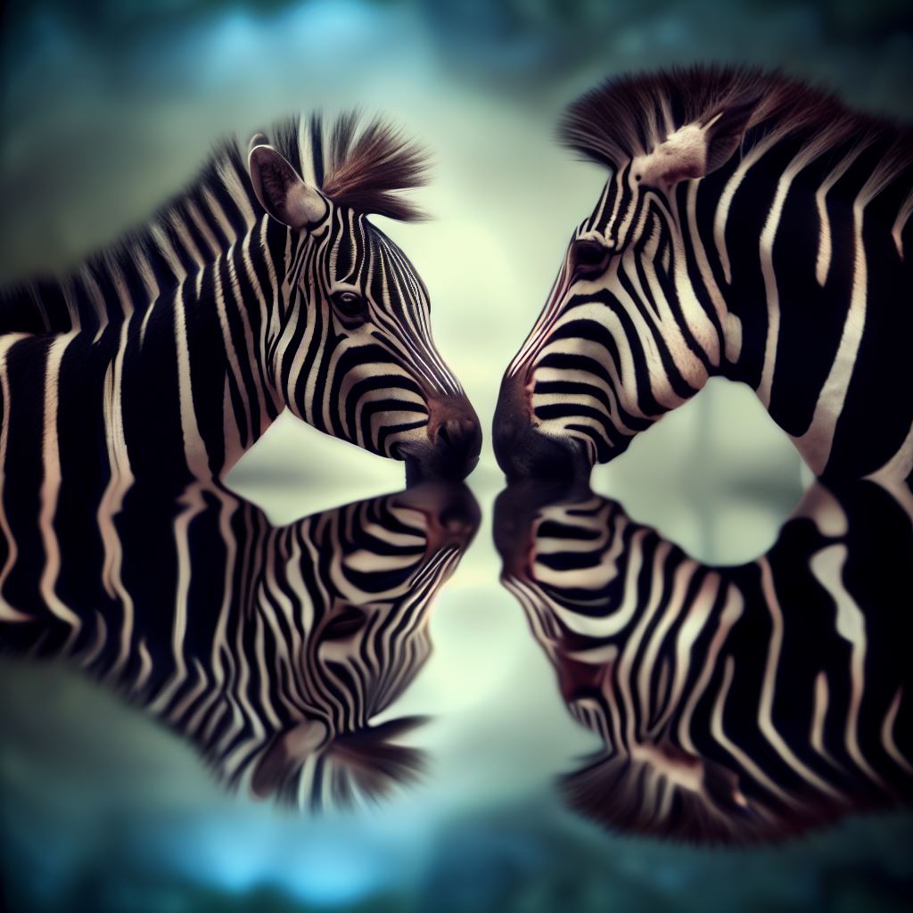 A love-struck zebra gazing at its reflection in a calm pond.。第 2 个图像，共 4 个图像