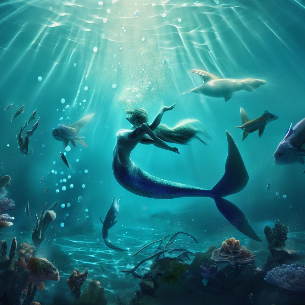 Imagine a world where underwater creatures live in a crystal clear ocean and a mermaid swims gracefully with them.。第 4 个图像，共 4 个图像