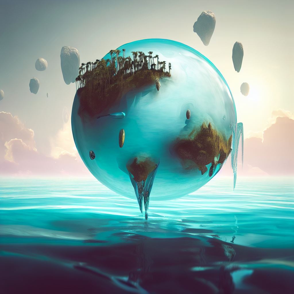 Create a surreal world globe with floating islands and crystal-clear waters.。第 4 个图像，共 4 个图像