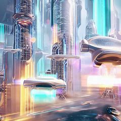 Design a futuristic city with flying cars and skyscrapers made of light and glass.