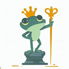 Design a whimsical frog prince with a king's crown and a gold sceptre, standing proudly on a pedestal.. Image 2 of 4