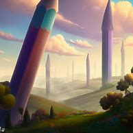 A whimsical and mythical landscape, where giant pencils write beautiful poems in the sky