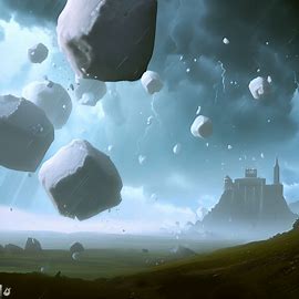 Create a surreal landscape of enormous hail stones crashing down from the sky, with a castle in the distance.. Image 4 of 4