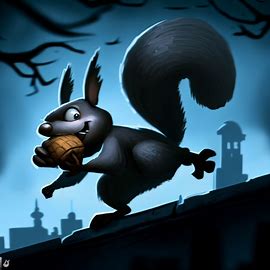 Imagine a squirrel with a mischievous expression, sneaking through a cityscape with a stolen nut.. Image 2 of 4